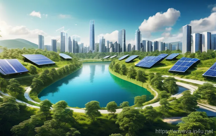 환경영향평가 사례 공유 - A vibrant, futuristic cityscape seamlessly blending with a pristine natural environment. On one side...