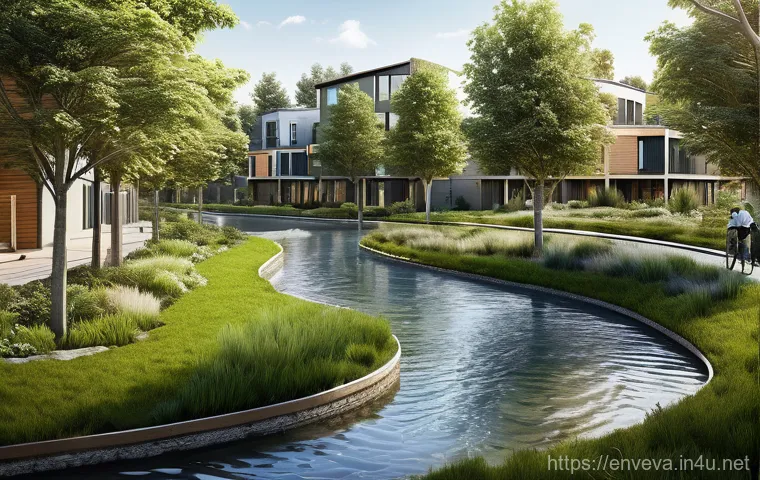 환경영향평가 사례 공유 - A vibrant, futuristic cityscape seamlessly blending with a pristine natural environment. On one side...