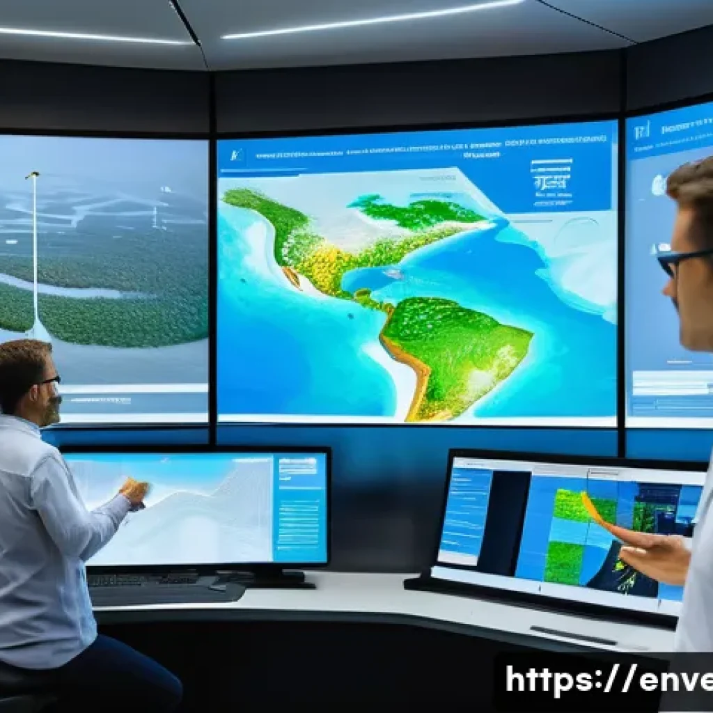 환경영향평가에서 데이터 시각화 활용 - **Prompt 1: Immersive Environmental Command Center**
A wide shot of a futuristic, sunlit command...
