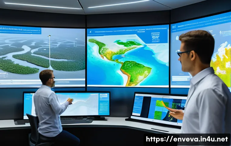 환경영향평가에서 데이터 시각화 활용 - **Prompt 1: Immersive Environmental Command Center**
    A wide shot of a futuristic, sunlit command...