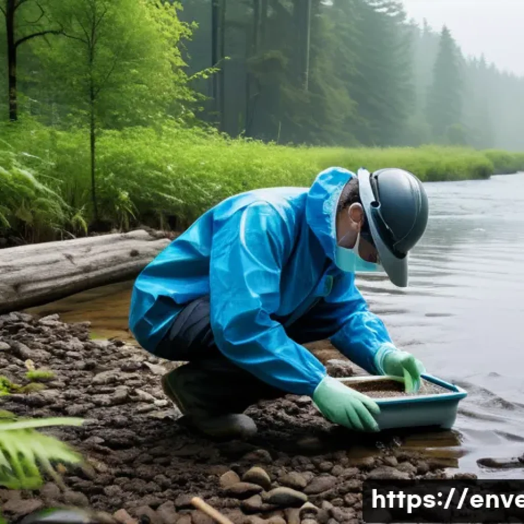 환경영향평가 보고서 작성 실수 사례 - A detailed scene showing environmental field researchers in protective gear carefully collecting wat...