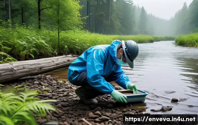환경영향평가 보고서 작성 실수 사례 - A detailed scene showing environmental field researchers in protective gear carefully collecting wat...