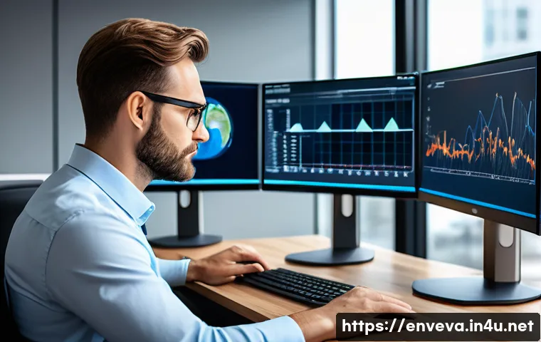 환경영향평가사 커리어 패스 설계 - A professional environmental impact assessor wearing smart casual attire, attentively analyzing comp...