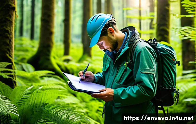환경영향평가사의 직업 만족도 - A professional environmental impact assessor conducting a field survey in a lush forest environment,...