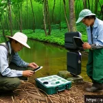 환경영향평가와 생태계 보존 - A detailed scene of an environmental impact assessment in progress within a lush forest, showing sci...