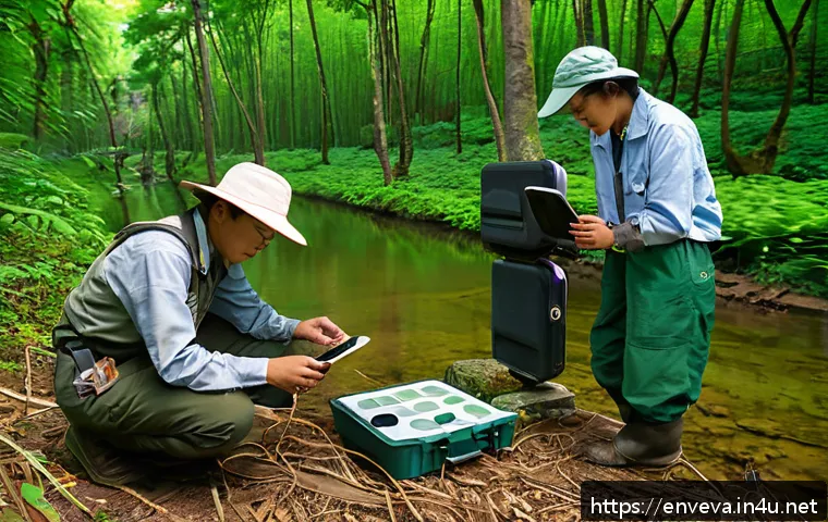 환경영향평가와 생태계 보존 - A detailed scene of an environmental impact assessment in progress within a lush forest, showing sci...