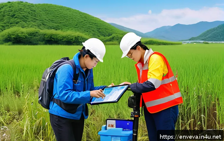 환경영향평가 실무에서 피해야 할 실수 - A detailed scene of environmental professionals conducting a comprehensive field survey in a natural...