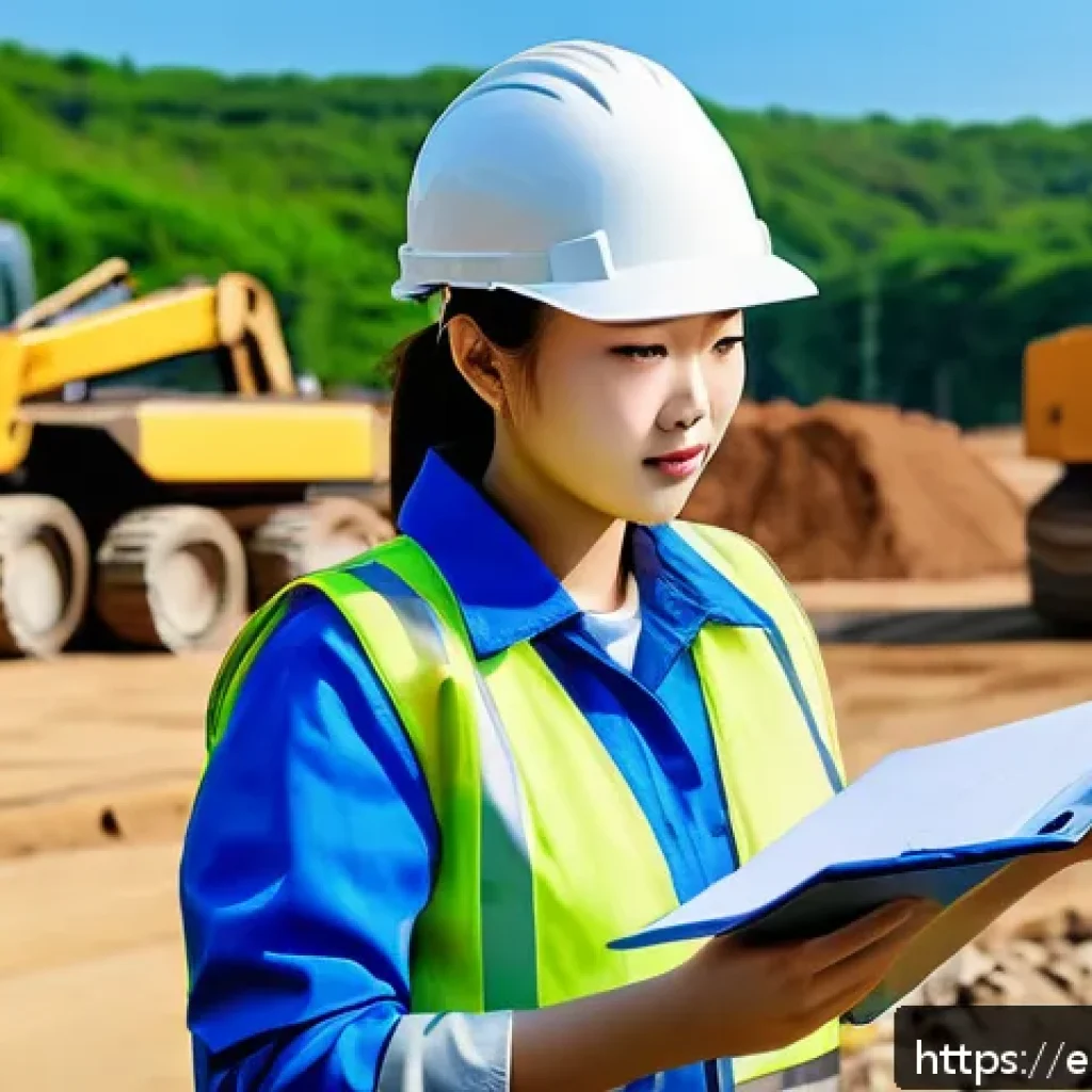 환경영향평가사의 경력 전환 팁 - A professional environmental impact assessor conducting field research at a construction site, weari...