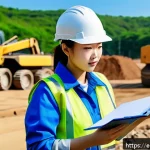 환경영향평가사의 경력 전환 팁 - A professional environmental impact assessor conducting field research at a construction site, weari...