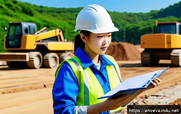 환경영향평가사의 경력 전환 팁 - A professional environmental impact assessor conducting field research at a construction site, weari...