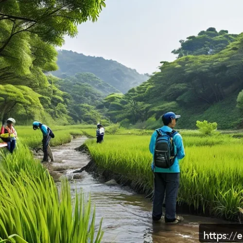 환경영향평가와 공공정책 영향 분석 - A detailed scene of environmental field survey team conducting on-site investigation in a lush natur...