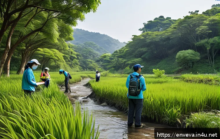 환경영향평가와 공공정책 영향 분석 - A detailed scene of environmental field survey team conducting on-site investigation in a lush natur...