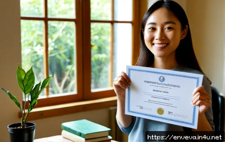 환경영향평가사 시험 합격 후기 - Photorealistic candid scene of a young environmental consultant celebrating exam success at a sunlit...