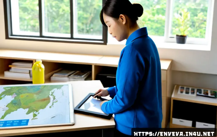 환경영향평가 용어 정리 - Photorealistic environmental assessment workspace, an urban planner and ecologist reviewing a large ...