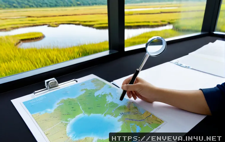 환경영향평가사 윤리적 의사결정 - Photorealistic environmental impact assessor in a bright modern office, thoughtfully comparing two u...